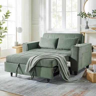 OKD 3 in 1 Convertible Sleeper Sofa Bed, Corduroy Pull Out Futon Couch with Charging Station & Cup Holder, Folding Loveseat Sofa Bed with Side Pocket for Living Room, Green - Image 1