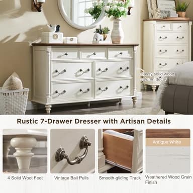 T4TREAM Farmhouse 7 Drawers Dresser Chests for Bedroom with 4 Solid Wood Feet, Tall Wide Wood Country Rustic Chest of Drawers, Storage Dressers for Bedroom, Living Room, Antique White - Image 5