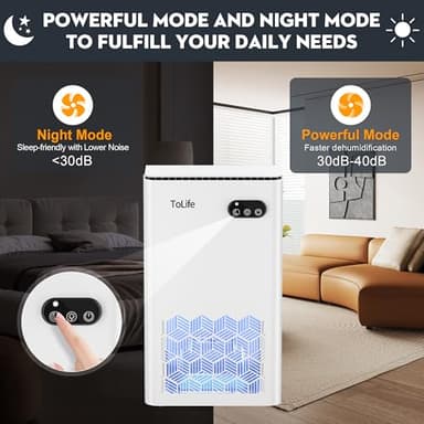ToLife Dehumidifiers for Home 95 OZ Water Tank, 1000 sq.ft Dehumidifier for Basement Bedroom Bathroom with Auto Shut Off 7 Colors LED Light,White - Image 4