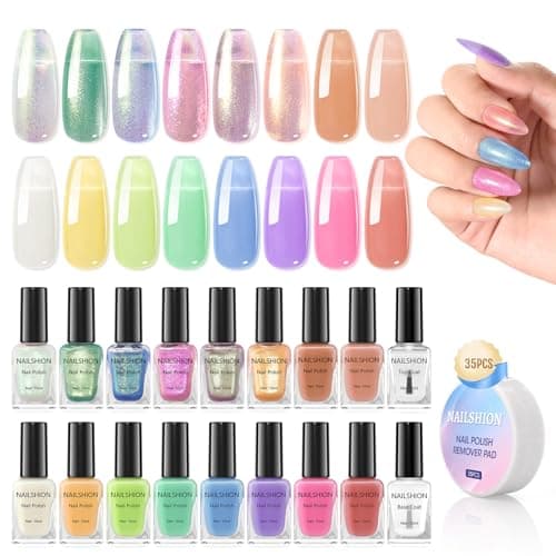 Nailshion Nail Polish Set, 16 Colors Bulk Toe Fingernail Nail Polish with Clear Base Top Coat & Remover Pads, Hema-free, Air Dry Non Gel, VE Formula, Glitter Holographic Macaroon Nude Peach Pink - Image 1