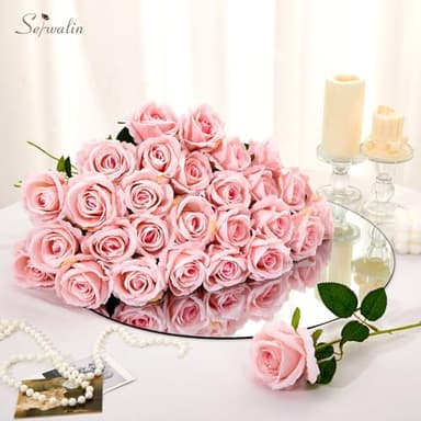 Serwalin 30pcs Artificial Roses Flowers, Pink Roses with Long Stems Realistic Fake Silk Roses Flowers for Wedding Bridal Bouquet Centerpieces Party Home Decor - Image 5