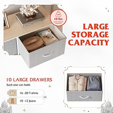 WLIVE Tall Dresser for Bedroom with 10 Drawers, Chest of Drawers, Dressers Bedroom Furniture, Storage Organizer Unit with Fabric Bins for Closet, Hallway, Living Room, Entryway, Light Grey - Image 6