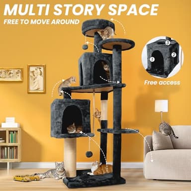 Nineshi 59in Large Cat Tree Tower for Indoor Cats with Soft Plush Hang Ball, Two Condos, Sisal Scratch Posts & Rope Play for Kittens/Adult Cats, Deep Grey - Image 4