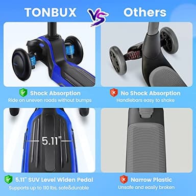 TONBUX Kids Scooter for Age 3-12, Toddler Scooters with 4 Adjustable Heights, Light Up 3-Wheels Scooters, Shock Absorption Design, Lean to Steer, Balance Training Scooter for Kids - Blue - Image 3
