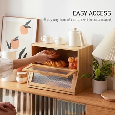GHWIE Double Layer Bamboo Bread Box for Kitchen Counter,Large Capacity Bread Storage Bin,Bread Container with Acrylic Wavy Door Panel (Natural, Medium) - Image 4