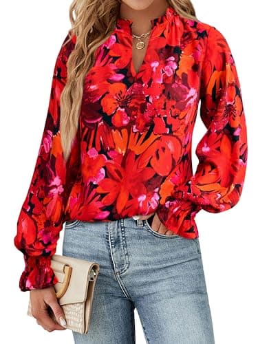 MASCOMODA Womens V Neck Floral Long Sleeve Tops 2025 Summer Casual Loose Puff Sleeve Chiffon Boho Work Blouse Dressy T Shirts(Red Flower,Large) - Image 2