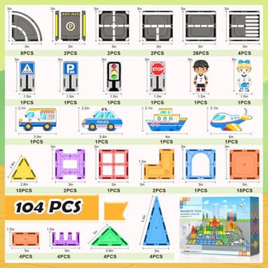 IGIVI 104 PCS Magnetic Tiles Road Set, STEM Construction Toys for Kids Ages 3-5 5-7 4-8, Magnet Building Blocks for Toddler Toys Games, Christmas Birthday Gifts for 3+ Year Old Boys Girls - Image 3