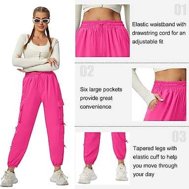 DLOODA Quick Dry Cargo Pants Lightweight Tactical Hiking Pants with 6 Pockets for Women, Elastic Waist and Water-Resistant Hot Pink - Image 5