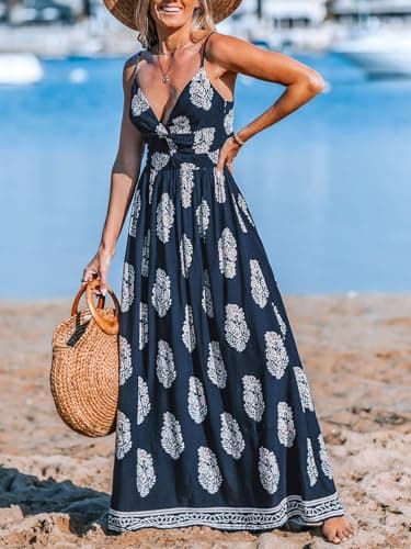 CUPSHE Summer Dress for Women Beach Paisley V Neck Sleeveless Cutout Casual Long Boho Maxi Formal Dress Navy Blue, L - Image 2