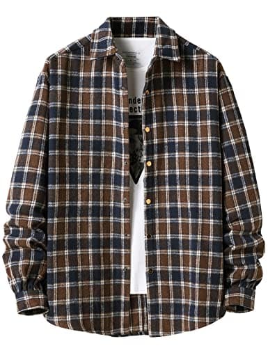 Locachy Men's Casual Cotton Plaid Shirts Long Sleeve Button-Down Flannel Overshirt Jacket Blue&Coffee Plaid M - Image 1