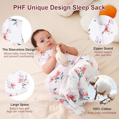PHF 100% Organic Cotton Baby Sleep Sack, 2-Way Zipper Baby Wearable Blanket, 18-24 Months TOG 0.5 Toddler Sleeping Sack, 2 Pack Sleeveless Soft Sleeping Bags for Baby Boys Girls, X-Large, Floral - Image 2