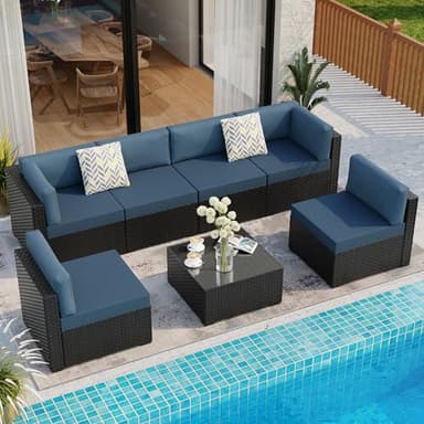 Shintenchi 7 Pieces Outdoor Patio Sectional Sofa Couch, Black Wicker Furniture Conversation Sets with Washable Cushions & Glass Coffee Table for Garden, Poolside, Backyard (Aegean Blue) - Image 4