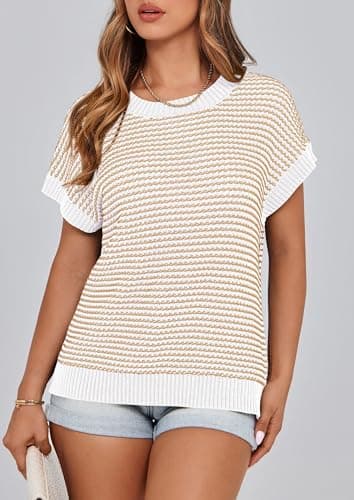 PRETTYGARDEN Womens Short Sleeve Sweater Spring Summer 2025 Round Neck Striped Pullover Cap Sleeve Knit Sweater Vest Tops(Apricot,Medium) - Image 5