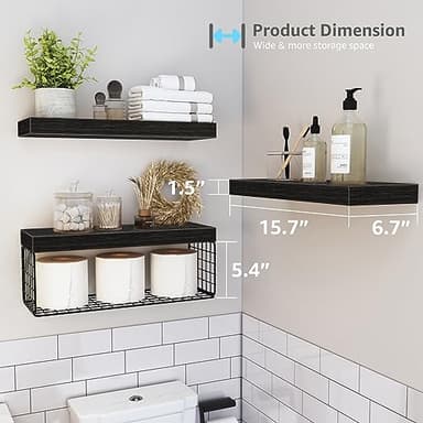 QEEIG Bathroom Shelves Over Toilet - Wall Mounted Floating Shelves Toilet Paper Storage Small Farmhouse Decor Shelf 16 inch Set of 3, Black (019-B3) - Image 3