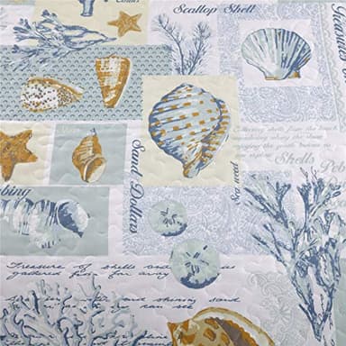 Junsey Beach Theme Quilts Set King Size Ocean Conch Seashell Starfish Seaweed Bedspreads Lightweight Patchwork Coastal Bedding Letter Printed Coverlets with Pillow Shams - Image 3