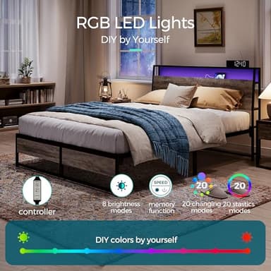 LINSY Queen Bed Frame with Ergonomic Headboard, Platform Metal Bed Frame with RGB Lights, Outlets & Charger, 45 Minutes Fast Assembly Bed Queen Size with Storage, No Box Spring Needed, Greige - Image 4