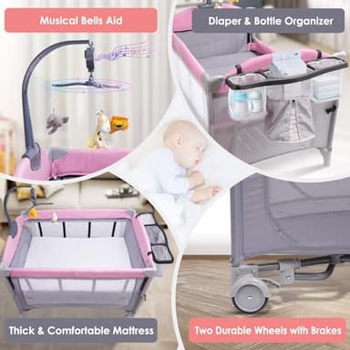 BIERUM 5-in-1 Pack n Play, Baby Bassinet, 3 Height Adjustable Baby Crib with Diaper Changer, Storage Bag & Music Box, Portable Bassinet with Carry Bag, Mattress for Newborn to Toddlers - Image 6