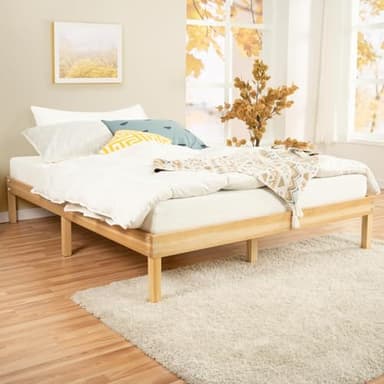 Minimalist Queen Solid Pine Wood Bed Frame with Japanese-Inspired Design, 9.7-Inch Underbed Storage No Box Spring Needed, Low-Profile 300 lb Capacity for Serene Durable Living Spaces, Natural - Image 1