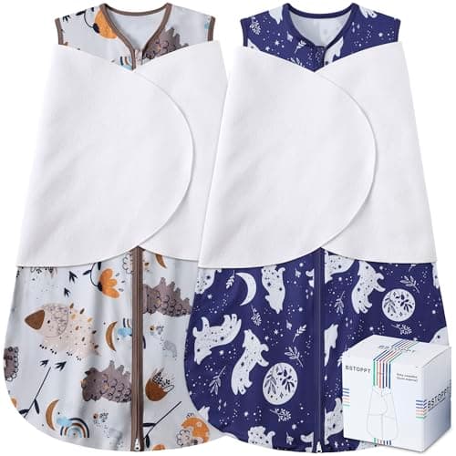 BSTOPPT Newborn Sleep Sack Baby Swaddle,3-Way Adjustable Wearable Blanket,100% Rayon Cotton Swaddling Sleeping Bag，TOG 0.5 (Fox & Dinosaurs, 6-12 Months) - Image 1