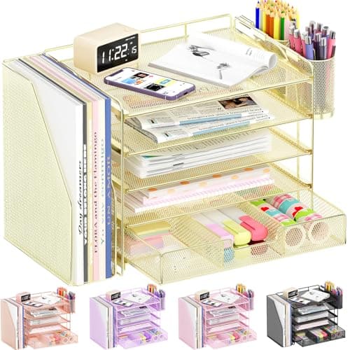 OPNICE Desk Organizers and Accessories, 5-Tier Paper File Organizer with Drawer & Pen Holder, Office Desk Accessories Workspace Desktop Organizer for Office Supplies(Gold) - Image 1