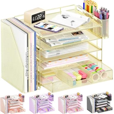 OPNICE Desk Organizers and Accessories, 5-Tier Paper File Organizer with Drawer & Pen Holder, Office Desk Accessories Workspace Desktop Organizer for Office Supplies(Gold) - Image 1
