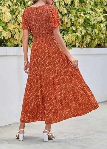 ZESICA Women's 2025 Summer Casual Floral Print Short Flutter Sleeve Crew Neck Smocked High Waist Flowy Maxi Dress,Caramel,Large - Image 3