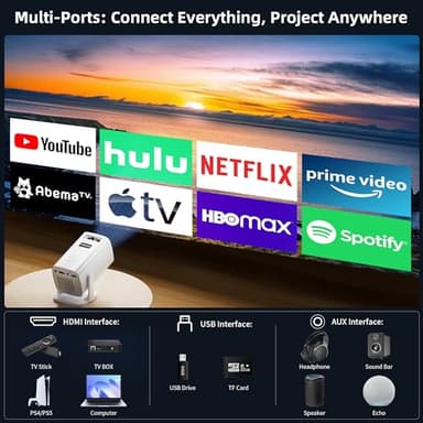 Mini Projector, Portable Projector 4K Support, Full HD 1080P Outdoor Projector, 270° Rotation Movie Projector, Compatible with Smartphone, TV Stick, Laptop, PS4, HDMI, USB (No WiFi or Bluetooth) - Image 3