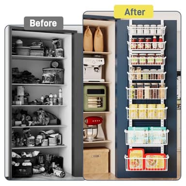 Over The Door Pantry Organizer, 8-Tier Over The Door Organizer with Adjustable Baskets, Metal Hanging Spice Rack for Pantry Organizers and Storage, Suitable for Kitchen Laundry Room & Bathroom, White - Image 7