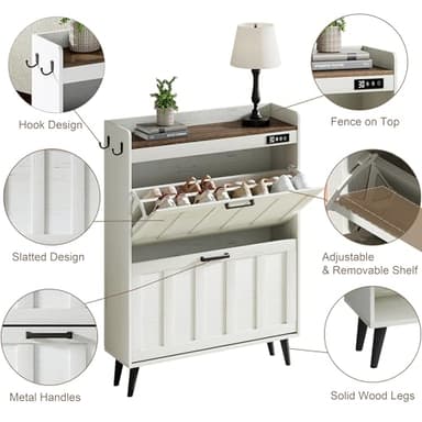 ChooChoo Shoe Storage Cabinet with 2 Flip Drawers, Deodorizing Shoe Organizer Storage for Entryway, Freestanding Hidden Slim Narrow Shoe Rack Cabinet, Antique White & Brown - Image 4