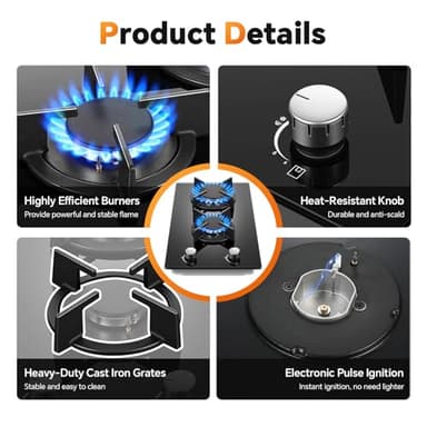 Gas Stove 2 Burner, Propane Cooktop 12 Inch, Built-in Gas Cooktop Black Tempered Glass Stove Top with Thermocouple Protection, LPG/NG Dual Fuel Hob for Apartment, Kitchen, RV - Image 4