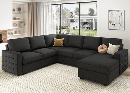 HONBAY Sectional Couch with Pull Out Bed, Sectional Sleeper Sofa with Storage, U Shape Couches for Living Room, Dark Grey - Image 1
