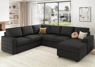 HONBAY Sectional Couch with Pull Out Bed, Sectional Sleeper Sofa with Storage, U Shape Couches for Living Room, Dark Grey - Image 1