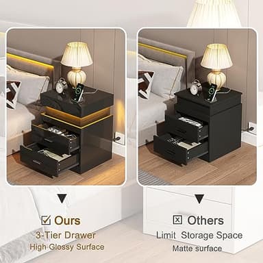 ChooChoo LED Nightstand Set of 2,Smart Night Standwith Charging Station and Sliding Top Storage, Black - Image 6