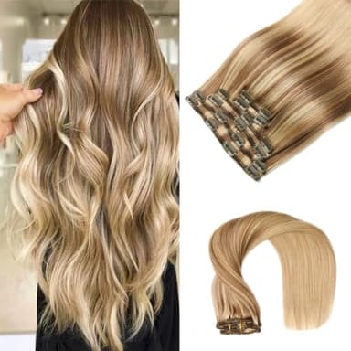 VINBAO Clip in Hair Extensions Human Remy Hair 20 Inch 6pcs 120g Balayage Light Brown to Caramel Blonde Hair Extensions Clip in Human Hair Extension(#10/16/16,20'') - Image 1