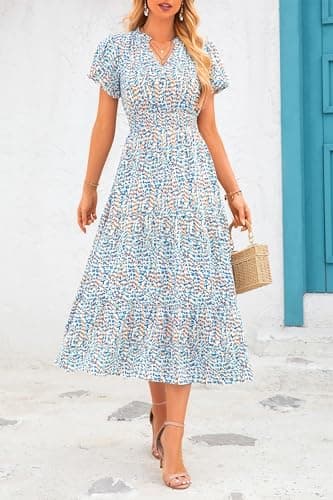 MASCOMODA Summer Maxi Dresses for Women 2025 Casual V Neck Puff Short Sleeve Smocked Flowy Beach Boho Long Floral Dress(Floral Blue White,Medium) - Image 4