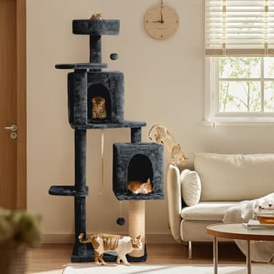 Nineshi 59in Large Cat Tree Tower for Indoor Cats with Soft Plush Hang Ball, Two Condos, Sisal Scratch Posts & Rope Play for Kittens/Adult Cats, Deep Grey - Image 7