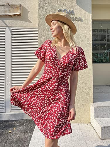 FENSACE Sundresses for Women 2025 Summer Red Floral Wrap V Neck Fit and Flare Dress(Red,Small) - Image 3