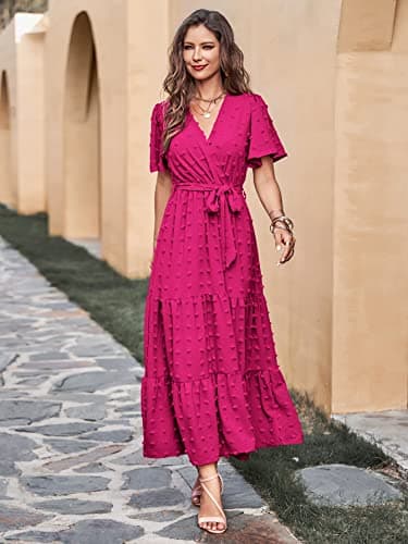 MASCOMODA Womens Swiss Dot Maxi Spring Wedding Guest Dress 2025 Casual Wrap V Neck Flutter Sleeve Long Flowy Party Dresses(Rose Red,Medium) - Image 3
