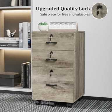 VINGLI 3-Drawer File Cabinet with Lock, Wood Rolling Under Desk File Cabinets for Home Office, Mobile Printer Stand & Filing Organizer for Letter Sized Files, 26" H(Caster Included), Rustic Gray - Image 5