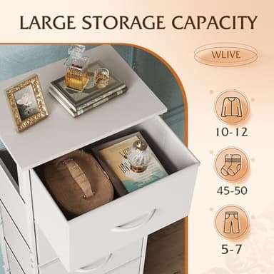 WLIVE Fabric Dresser, 5-Drawer Tall Dresser for Bedroom, Storage Dresser Organizer with Fabric Bins, Wood Top, Sturdy Steel Frame, Chest of Drawers for Closet, Hallway, White - Image 5