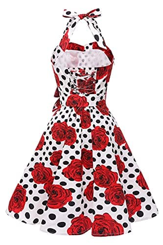 Topdress Women's Vintage Polka Audrey Dress 1950s Halter Retro Cocktail Dress White Dot/Rose M - Image 3
