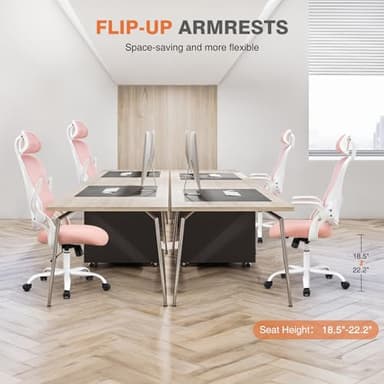 Sweetcrispy Office Computer Desk Chair, Ergonomic High-Back Mesh Rolling Work Chairs with Wheels and Adjustable Headrests, Comfortable Lumbar Support, Comfy Flip-up Arms for Home,Bedroom,Study, Pink - Image 6