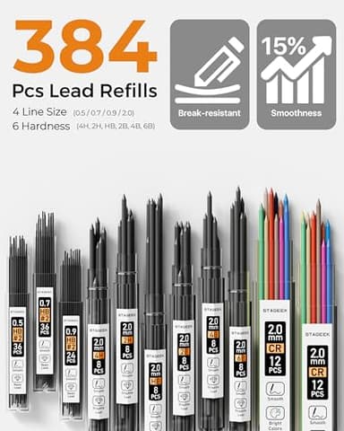 STAGEEK 34PCS Art Mechanical Pencil Set, Drafting Pencil 0.5, 0.7, 0.9MM & 3PCS 2.0MM Mechanical Drawing Pencils with 384PCS Leads (6B 4B 2B HB 2H 4H Color) for Artist Sketching Drawing - Image 3