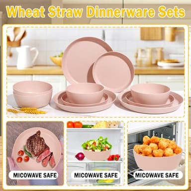 EI 12pcs Pink Wheat Straw Plates,Wheat Straw Dinnerware Set for 4,Plates and Bowls Sets,Plastic Plate Reusable,Unbreakable Plastic Plate Melamine,Camping Family Dishes Set - Image 4
