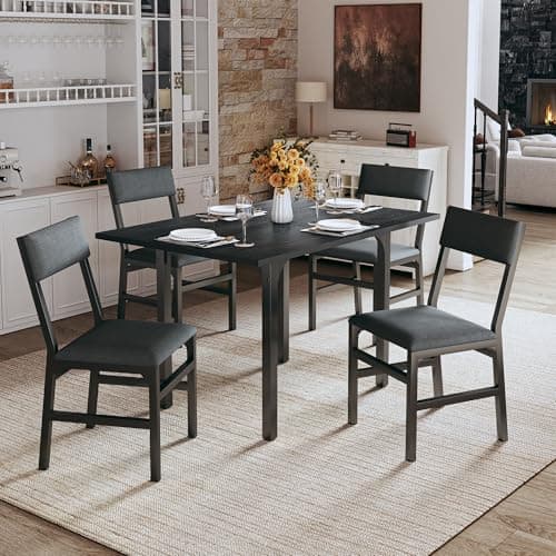 HUAHUU Dining Table Set for 4, Extendable Kitchen Table Cushion Chairs Set of 4, Rectangle Dining Table with Metal Frame & MDF Board, Folding for Small Apartment Saving Space, Black - Image 1