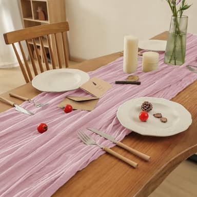 Leetaltree 2 Pack Pink Cheesecloth Table Runner, 35x120 Inch Boho Rustic Cheese Cloth Table Runner, Decorative Table Runners for Bridal Baby Shower Decorations or Wedding Table Decorations - Image 5
