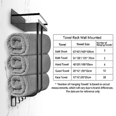 Towel Racks for Bathroom, Towel Rack Wall Mounted with Metal Shelf and 5 Hooks for Small Bathroom, Towel Holder for Bathroom, Bath Towel Storage for Rolled Towels Organizer, Black - Image 6