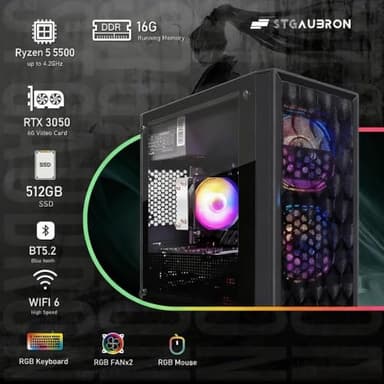 STGAubron Gaming PC Computer Desktop, AMD Ryzen 5 5500 up to 4.2GHz, GeForce RTX 3050 6G, 16G DDR4, 512G SSD, WiFi 6 5G & BT 5.2, RGB Fan x2, Windows 11 Home - Image 3