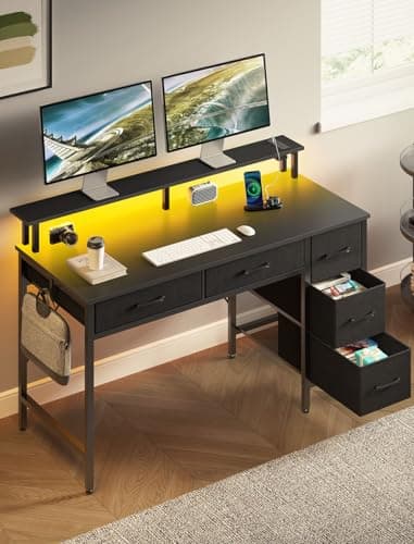 Seventable Computer Desk with Power Outlets & LED Light, 39 inch Home Office Desk with 5 Drawers, Writing Desk with Monitor Stand,Work Desk for Home Office, Black - Image 6