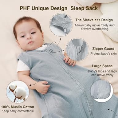 PHF 100% Muslin Cotton Baby Sleep Sacks, 12-18 Months Sleep Sack with 2-Way Zipper, 2 Pack Cooling Unisex 0.5 TOG Breathable Large Size Sleeveless Baby Wearable Blanket, White & Grey - Image 3